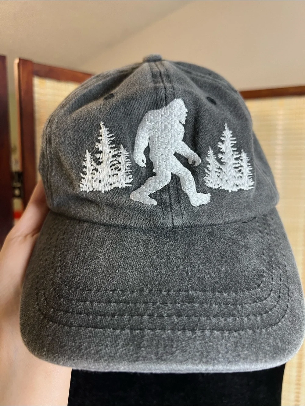 Bigfoot Embroidered Dad Hat Washed Charcoal Grey Sasquatch Pine Trees Cap